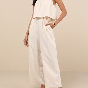 Lulus Breezy Sophistication Beige Textured Wide-leg Jumpsuit - Size S